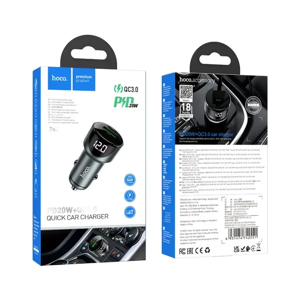 АВТОМОБІЛЬНИЙ ЗАРЯДНИЙ ПРИСТРІЙ HOCO Z42 LIGHT ROAD DIGITAL DISPLAY PD20W, QC3.0 USB-A, TYPE-C, 3A, METAL, СІРИЙ