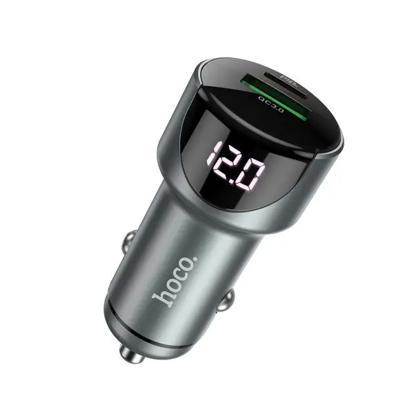 АВТОМОБІЛЬНИЙ ЗАРЯДНИЙ ПРИСТРІЙ HOCO Z42 LIGHT ROAD DIGITAL DISPLAY PD20W, QC3.0 USB-A, TYPE-C, 3A, METAL, СІРИЙ