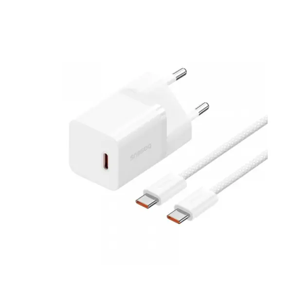 МЕРЕЖЕВИЙ ЗАРЯДНИЙ ПРИСТРІЙ BASEUS GAN5 FAST CHARGER (MINI) 1C 30W EU CABLE TYPE-C TO TYPE-C 100W 1M, БІЛИЙ (ДЕФ. ПАК)