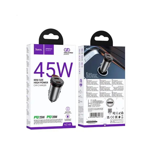 АВТОМОБІЛЬНИЙ ЗАРЯДНИЙ ПРИСТРІЙ HOCO NZ16B RIGOROUS PD45W (2C) CAR CHARGER METAL, СІРИЙ