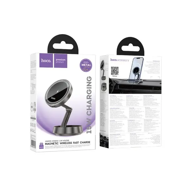 MR4_153031 Бездротовий автомобільний зарядний пристрій hoco hw33 metal ring magnetic wireless fast charging car holder, чорний HOCO