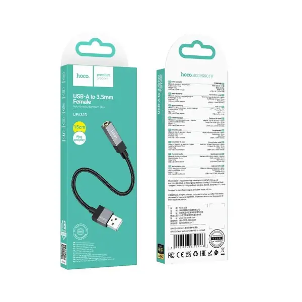 КАБЕЛЬ AUX AUDIO HOCO UPA32D CLEVER CONVERTER USB-A TO 3.5 1M, ЧОРНИЙ