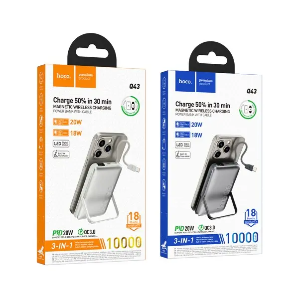 ЗОВНІШНІЙ АКУМУЛЯТОР POWER BANK HOCO Q43 CLEVER DUAL PD20W POWER BANK WITH CABLE WATCH CHARGER HOLDER 10000MAH METAL, СІРИЙ