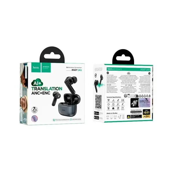НАВУШНИКИ БЕЗДРОТОВІ HOCO EQ27 FUN ANC+ENC SMART AI TRANSLATION HEADSET (APP) METAL, СІРИЙ