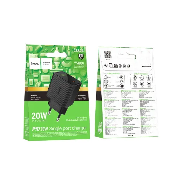 MR4_153034 Мережевий зарядний пристрій hoco cs82a excellent single port pd20w charger with digital display (eu), чорний 