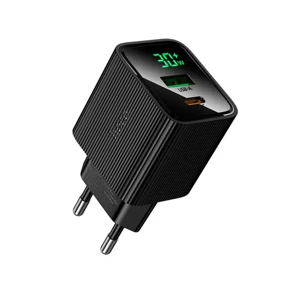 МЕРЕЖЕВИЙ ЗАРЯДНИЙ ПРИСТРІЙ HOCO CS84A EXCELLENT PD30W, QC3.0, CHARGER WITH DIGITAL DISPLAY (EU), ЧОРНИЙ