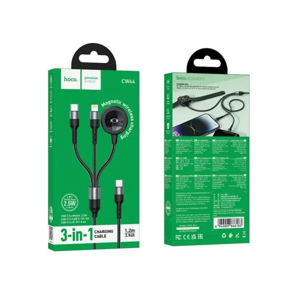 MR4_153037 Бездротовий зарядний пристрій hoco cw64 iwatch+type-c+ip 3in1 charging cable, чорний 