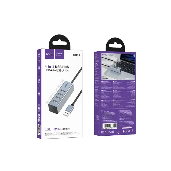 ХАБ HUB HOCO HB1A 4IN1 CONVERTER (USB TO USB2.0*4) METAL, СІРИЙ