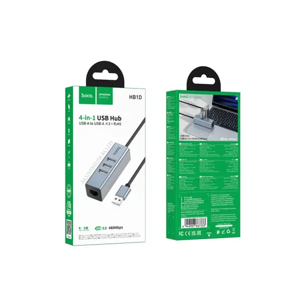 MR4_153039 Хаб hub hoco hb1d 4in1 converter (usb to usb2.0*3+rj45) metal, сірий 