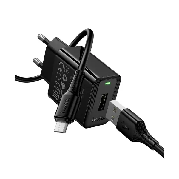 МЕРЕЖЕВИЙ ЗАРЯДНИЙ ПРИСТРІЙ HOCO CS91A LEADER SINGLE-PORT CHARGER SET (MICRO), (EU) 2,1A, ЧОРНИЙ
