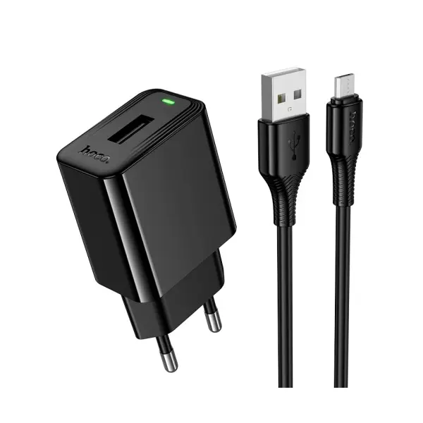 МЕРЕЖЕВИЙ ЗАРЯДНИЙ ПРИСТРІЙ HOCO CS91A LEADER SINGLE-PORT CHARGER SET (MICRO), (EU) 2,1A, ЧОРНИЙ
