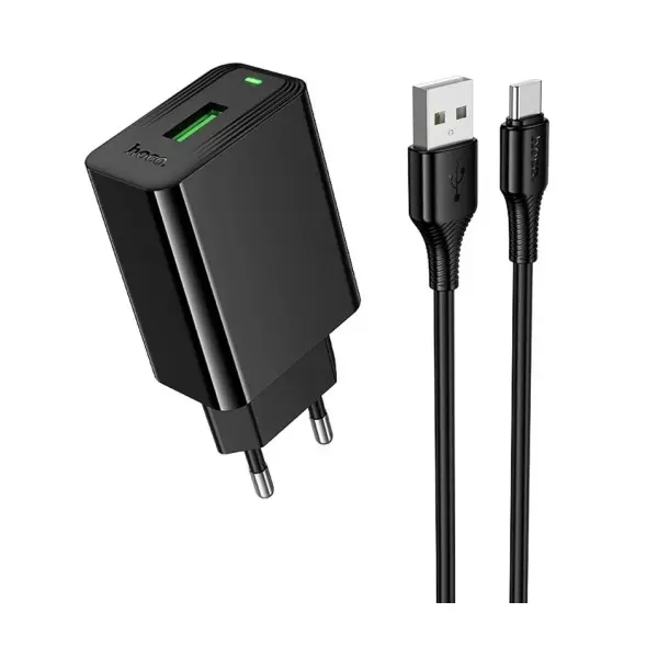 МЕРЕЖЕВИЙ ЗАРЯДНИЙ ПРИСТРІЙ HOCO CS92A LEADER SINGLE PORT QC3.0 CHARGER SET (TYPE-C), (EU), ЧОРНИЙ
