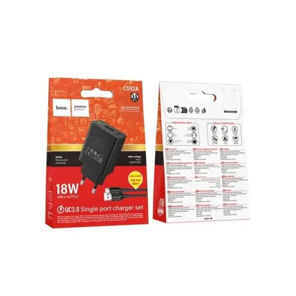 МЕРЕЖЕВИЙ ЗАРЯДНИЙ ПРИСТРІЙ HOCO CS92A LEADER SINGLE PORT QC3.0 CHARGER SET (TYPE-C), (EU), ЧОРНИЙ