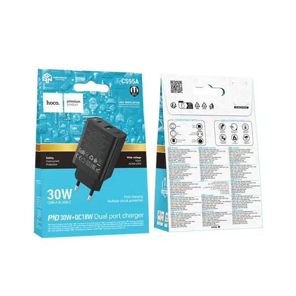 МЕРЕЖЕВИЙ ЗАРЯДНИЙ ПРИСТРІЙ HOCO CS95A LEADER PD30W, QC3.0, CHARGER (EU), ЧОРНИЙ