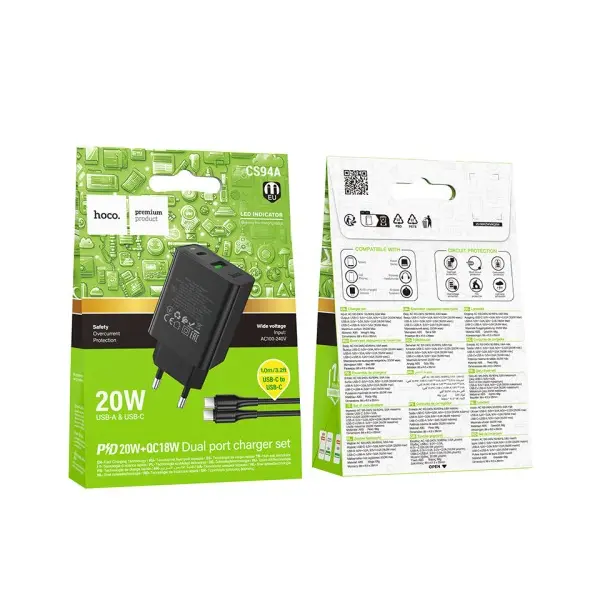 MR4_153046 Мережевий зарядний пристрій hoco cs94a leader pd20w, qc3.0 charger set (c to c), (eu), чорний 