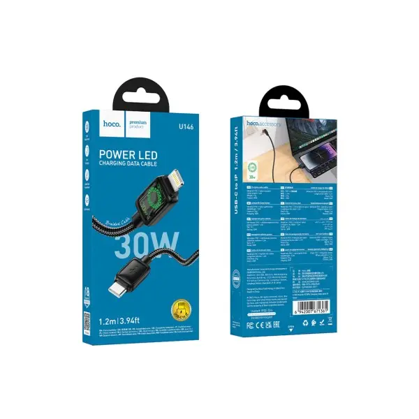 MR4_153047 Кабель pd hoco u146 mundo pd charging data cable lightning 30w, 1.2m, чорний 