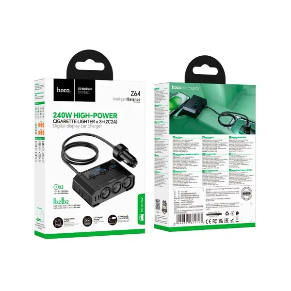 АВТОМОБІЛЬНИЙ ЗАРЯДНИЙ ПРИСТРІЙ HOCO Z64 ANSHUN 240W DIGITAL DISPLAY 3IN1 CIGARETTE LIGHTER (2C2A), ЧОРНИЙ