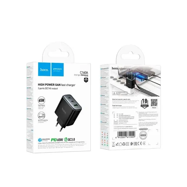 МЕРЕЖЕВИЙ ЗАРЯДНИЙ ПРИСТРІЙ HOCO C160A UPGRADE PD65W (2C1A) CHARGER, ЧОРНИЙ