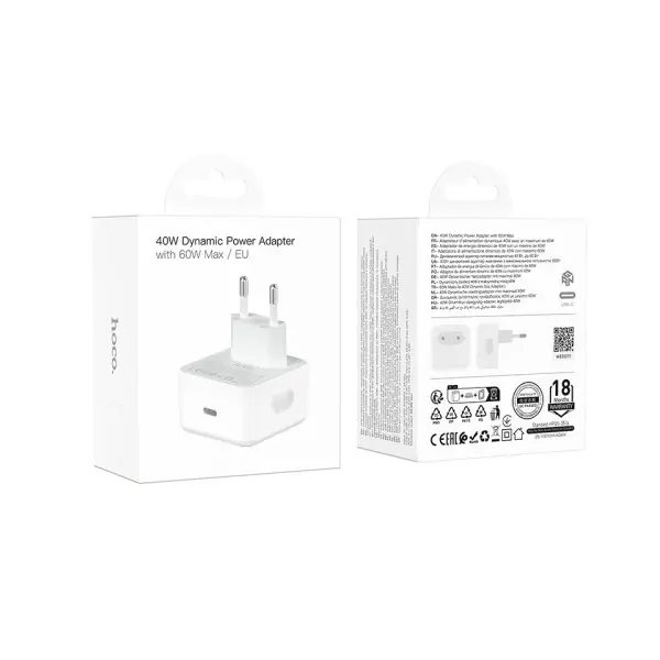 МЕРЕЖЕВИЙ ЗАРЯДНИЙ ПРИСТРІЙ HOCO C161A SPEED SINGLE PORT PD40W CHARGER, БІЛИЙ