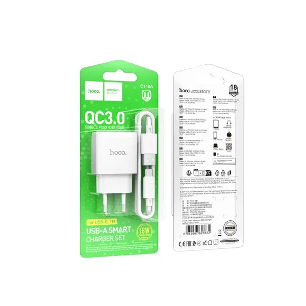 МЕРЕЖЕВИЙ ЗАРЯДНИЙ ПРИСТРІЙ HOCO C140A SMART SINGLE PORT QC3.0 CHARGER SET 18W (QC, FCP, AFC) + TYPE-C CABLE, БІЛИЙ