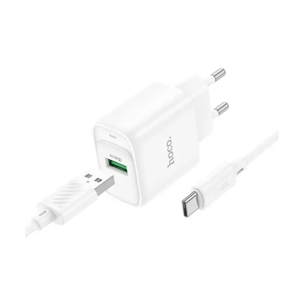 МЕРЕЖЕВИЙ ЗАРЯДНИЙ ПРИСТРІЙ HOCO C140A SMART SINGLE PORT QC3.0 CHARGER SET 18W (QC, FCP, AFC) + TYPE-C CABLE, БІЛИЙ