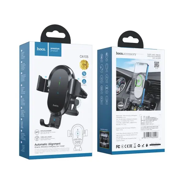 БЕЗДРОТОВИЙ АВТОМОБІЛЬНИЙ ЗАРЯДНИЙ ПРИСТРІЙ HOCO CA105 GUIDE THREE-AXIS LINKAGE WIRELESS CHARGING CAR HOLDER 15W, ЧОРНИЙ