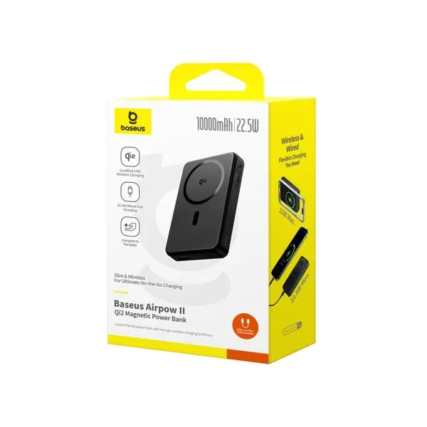 ЗОВНІШНІ АКУМУЛЯТОРИ POWER BANK BASEUS AIRPOW II QI2 MAGNETIC POWER BANK 10000MAH 22.5W, ЧОРНИЙ P10080000123-00