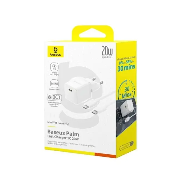 МЕРЕЖЕВИЙ ЗАРЯДНИЙ ПРИСТРІЙ BASEUS PALM FAST CHARGER 1C 20W CABLE TYPE-C TO LIGHTNING, БІЛИЙ E0116400