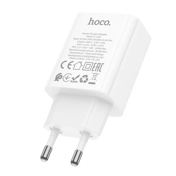 MR3_199800 Мережевий зарядний пристрій hoco c143a 1usb-c pd, qc 20w білий HOCO