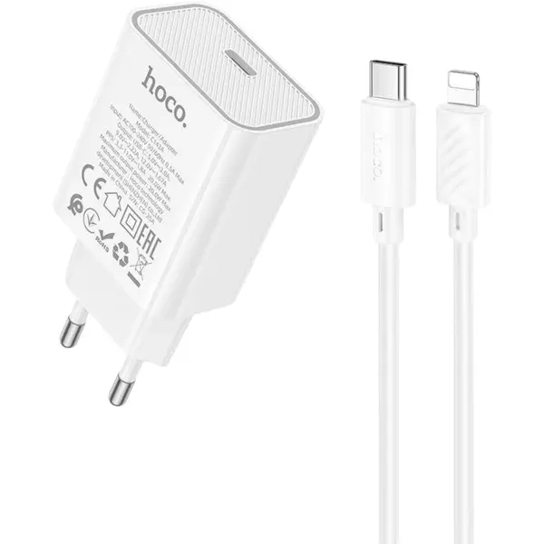 MR3_199802 Мережевий зарядний пристрій hoco c143a 1usb-c pd, qc 20w, кабель pd type-c to lightning білий 