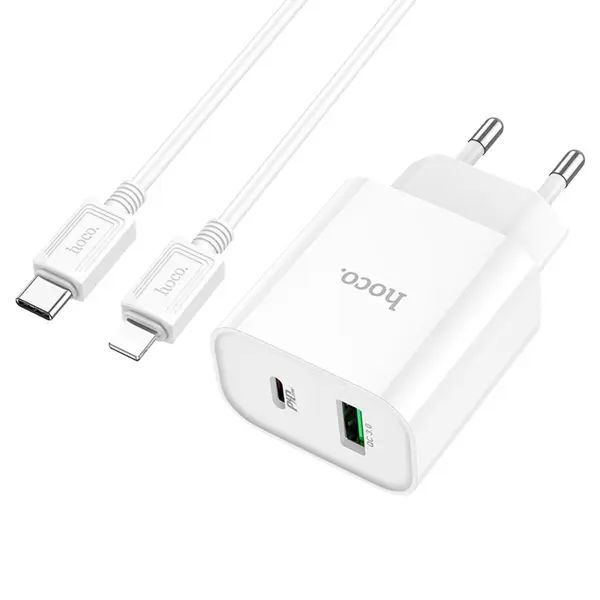 MR3_254091 Мережевий зарядний пристрій hoco c80a (1usb 3a qc3.0, 1 pd type-c 20w), кабель pd type-c to lightning білий 
