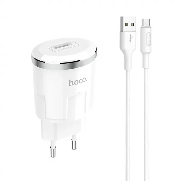 MR3_104739 Мережевий зарядний пристрій hoco c37a thunder power charger 2.4a 1usb, кабель micro білий 