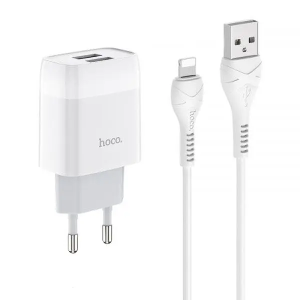 MR3_105369 Мережевий зарядний пристрій hoco c73a glorious 2.4a 2usb, кабель lightning білий 