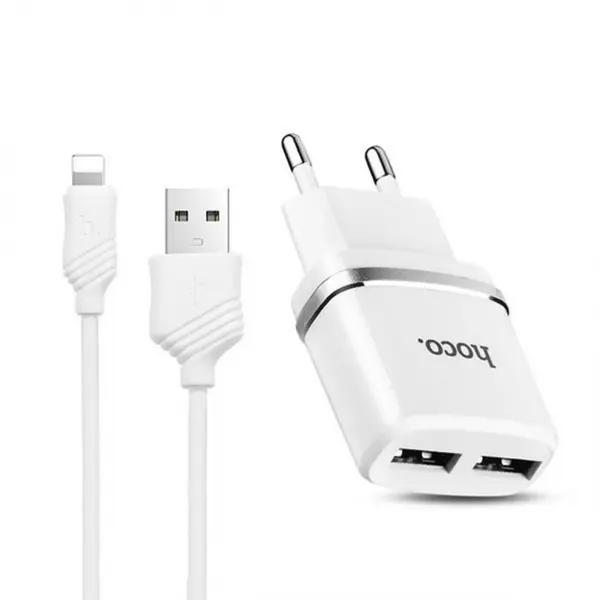 MR3_115616 Мережевий зарядний пристрій hoco c12 smart 2.4a 2usb, кабель lightning білий 