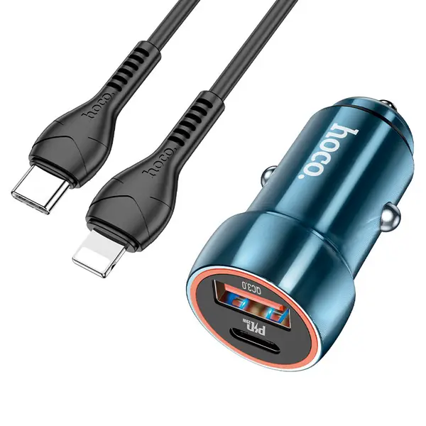 MR3_118337 Авто зарядний пристрій hoco z46a blue whale 1usb 3a 18w qc3.0, pd 1type-c 20w blue, кабель type-c to lightning 