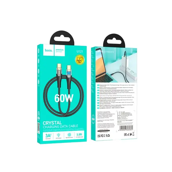 КАБЕЛЬ PD HOCO U121 GOLD STANDARD TRANSPARENT DISCOVERY EDITION 60W TYPЕ-С TO TYPE-C 1.2M, ЧОРНИЙ
