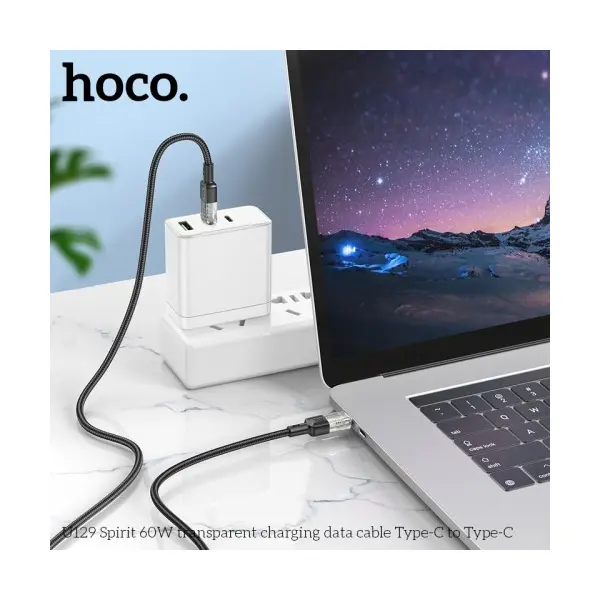 КАБЕЛЬ PD HOCO U129 SPIRIT 60W TRANSPARENT CHARGING DATA CABLE TYPE-C TO TYPE-C 1.2M, ЧОРНИЙ