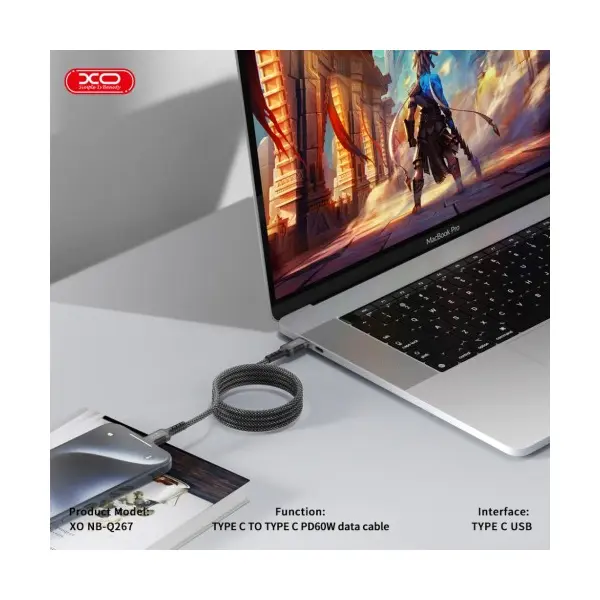 КАБЕЛЬ XO NB-Q267 MAGNETIC BRAIDED TYPE-C TO TYPE-C 60W DATA CABLE 1M, ЧОРНИЙ