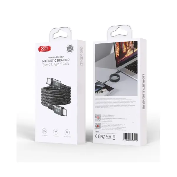 КАБЕЛЬ XO NB-Q267 MAGNETIC BRAIDED TYPE-C TO TYPE-C 60W DATA CABLE 1M, ЧОРНИЙ