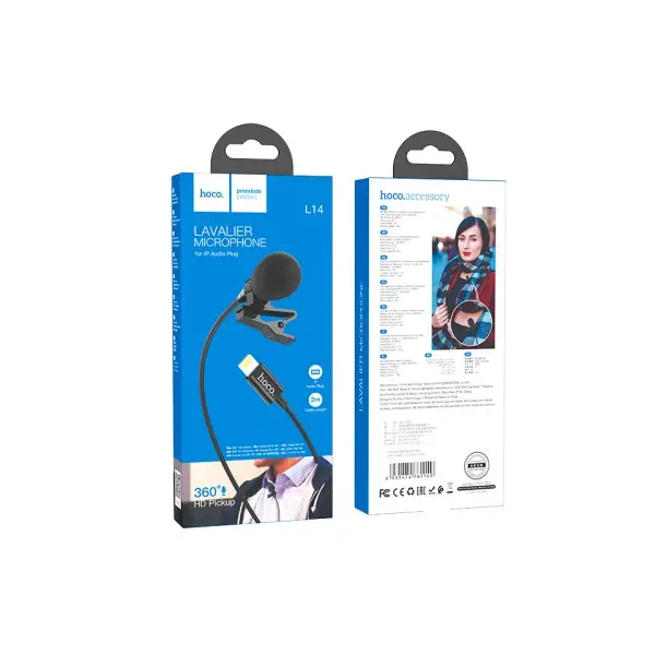 МІКРОФОН ПРИЩЕПКА HOCO L14 IP LAVALIER MICROPHONE LIGHTNING, 2M, ЧОРНИЙ