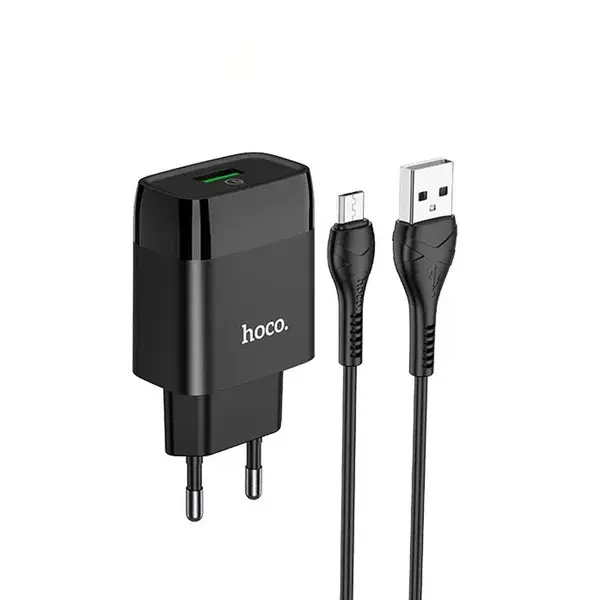 MR3_117551 Мережевий зарядний пристрій hoco c72q glorious qc3.0 18w 1usb, кабель micro black 