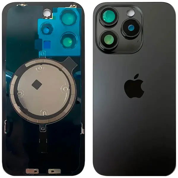 MR3_120675 Задня кришка (скло) iphone 15 pro black titanium, сервісний оригінал у зборі на рамці 