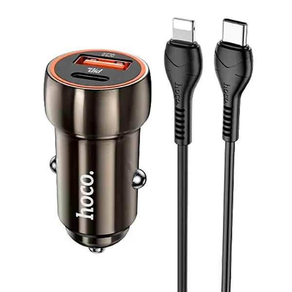 MR3_118327 Авто зарядний пристрій hoco z46a blue whale 1usb 3a 18w qc3.0, pd 1type-c 20w grey, кабель type-c to lightning HOCO