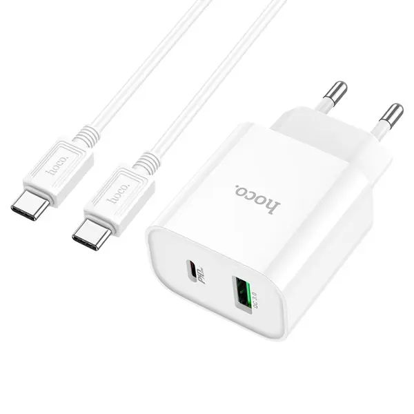 MR3_237224 Мережевий зарядний пристрій hoco c80a (1usb 3a qc3.0, 1 pd type-c 20w), кабель pd type-c to type-c білий HOCO