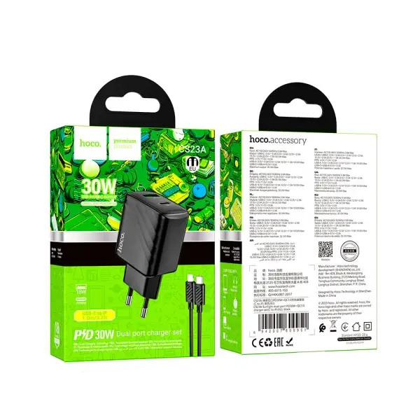 MR4_131815 Мережевий зарядний пристрій hoco cs23a sunlight dual-port pd30w, qc3.0, charger set (c to ip) чорний HOCO