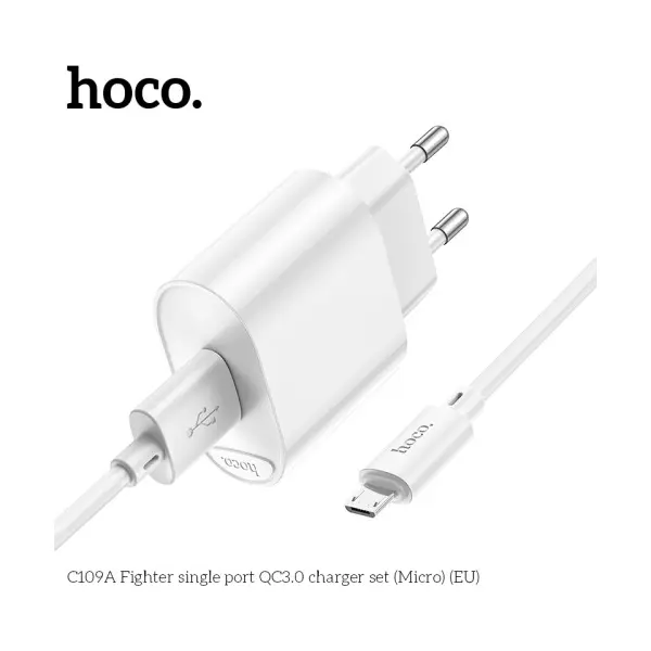 MR4_146026 Мережевий зарядний пристрій hoco c109a fighter 1usb, 18w, qc3.0, micro cable білий HOCO