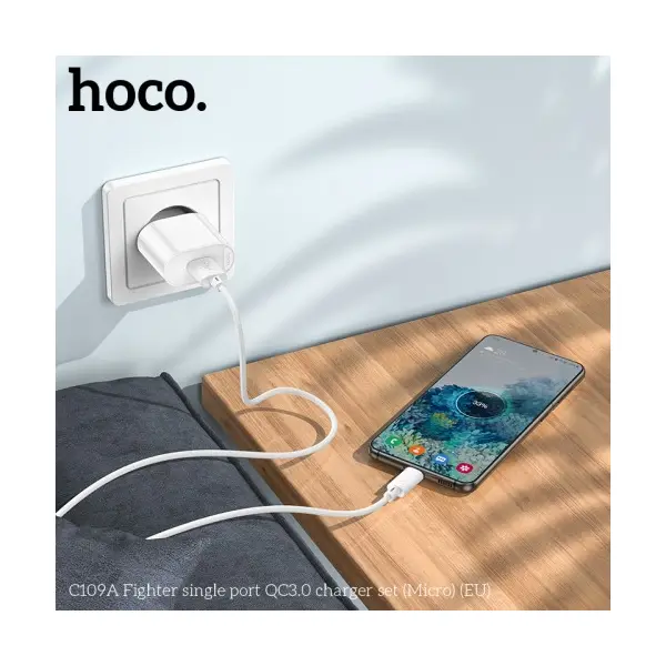 MR4_146026 Мережевий зарядний пристрій hoco c109a fighter 1usb, 18w, qc3.0, micro cable білий HOCO