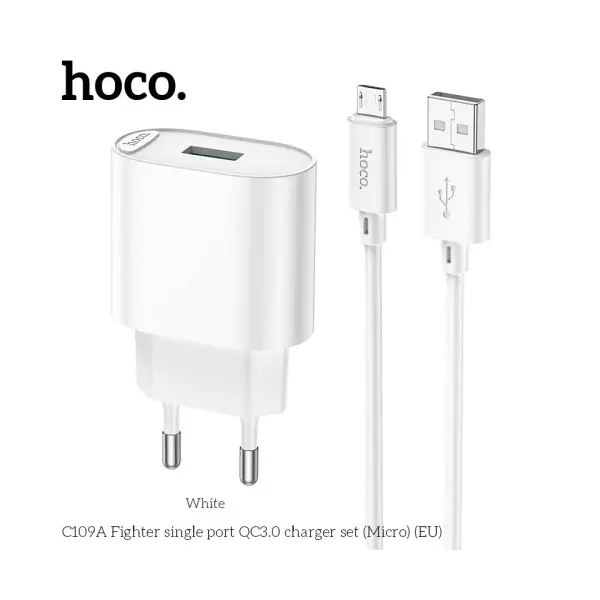 MR4_146026 Мережевий зарядний пристрій hoco c109a fighter 1usb, 18w, qc3.0, micro cable білий HOCO