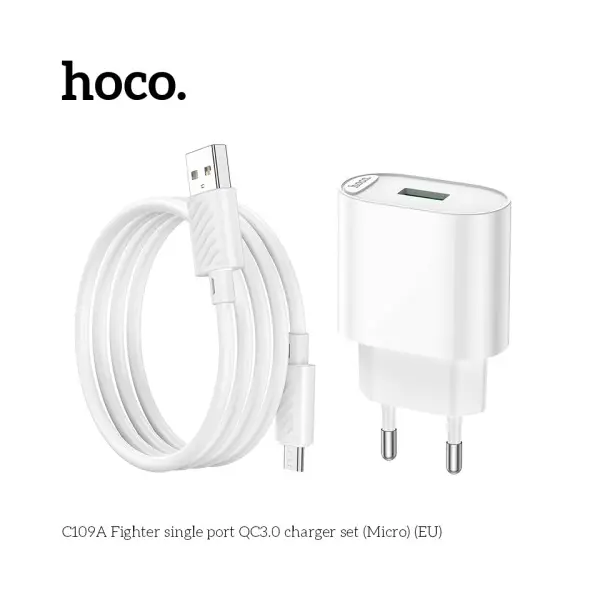 MR4_146026 Мережевий зарядний пристрій hoco c109a fighter 1usb, 18w, qc3.0, micro cable білий HOCO