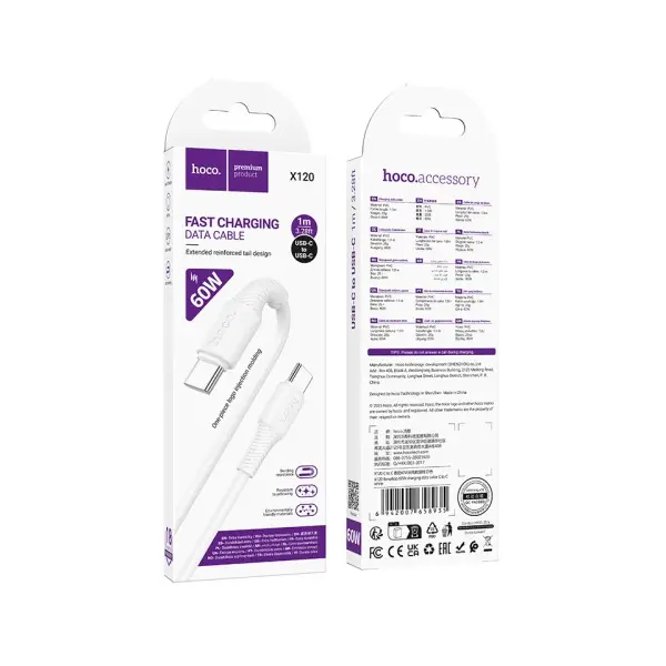MR4_153868 Кабель pd hoco x120 beneficio 60w charging data cable c to c 1 m білий HOCO